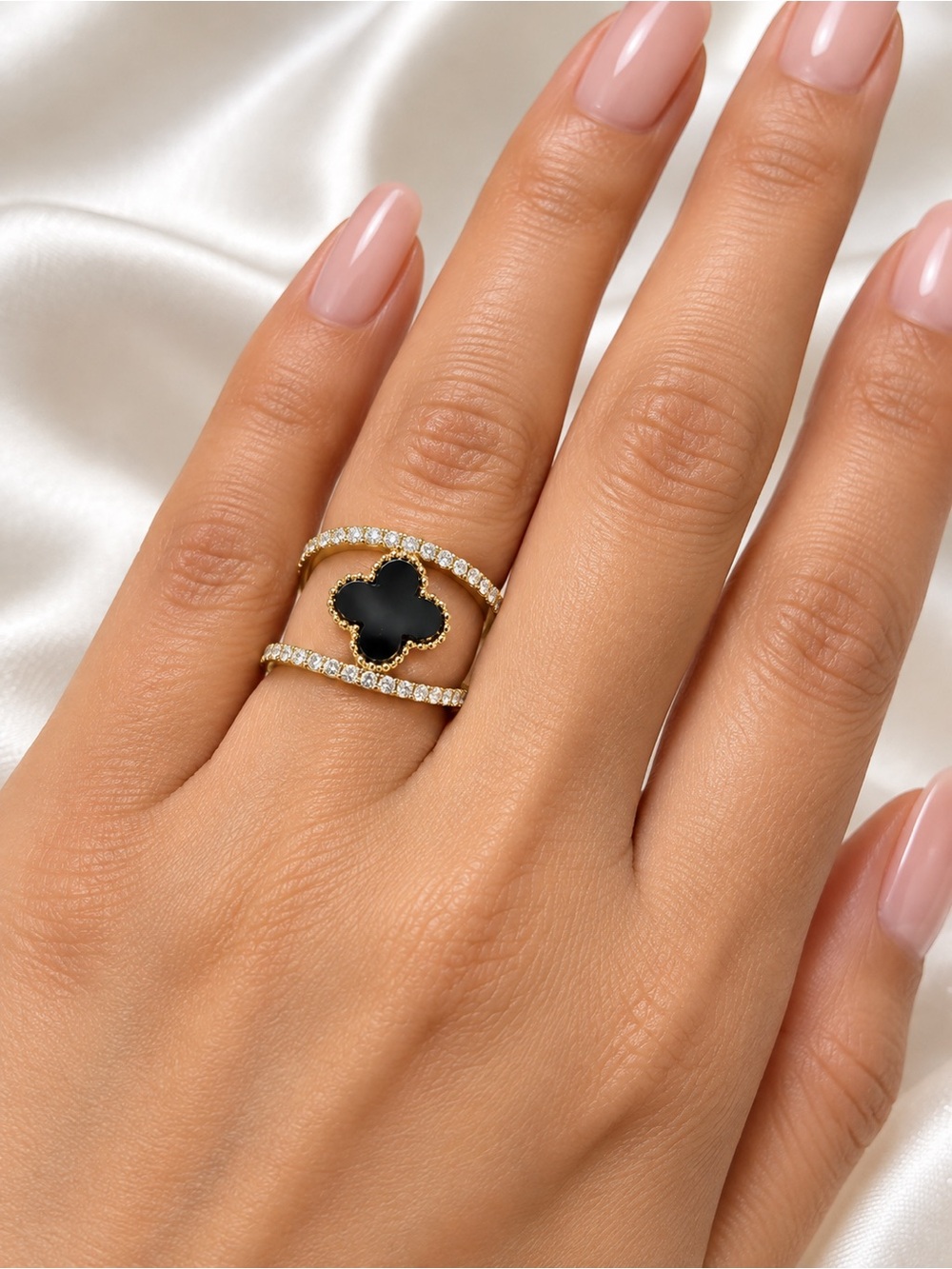 Gold Ring with Black Clover Motif and Pavé Bands